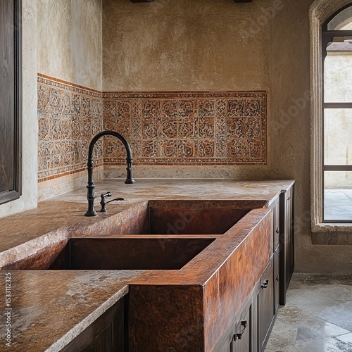 This farmhouse kitchen includes a copper sink, soapstone countertops, a backsplash of Moroccan tile, and flooring constructed from limestone tile