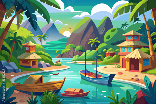 Tropical island paradise with a boat on the summer sea