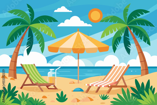 Tropical paradise beach with swaying palm trees, an island in the sun, and clear ocean water perfect for a summer vacation