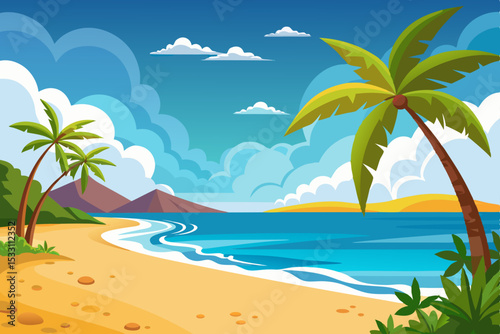 Tropical island paradise: palm trees framing a beautiful beach with sun-kissed sand and clear turquoise ocean water