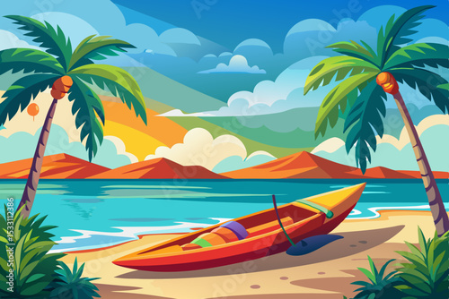Tropical island paradise: sun-drenched beach with swaying coconut palm trees, clear ocean, and summer sky
