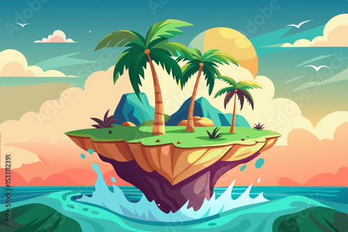 Tropical island beach with palm trees and a vibrant blue ocean, perfect for a summer vacation paradise