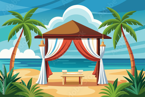 Tropical island paradise: palm trees sway over a sandy beach, inviting relaxation by the turquoise sea
