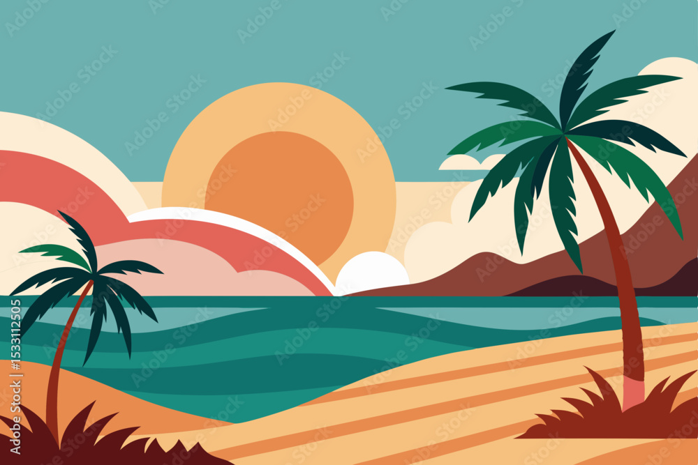 Fototapeta premium Tropical paradise: sun-drenched beach with swaying palm trees by the clear blue sea