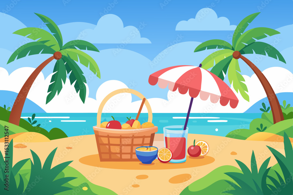 Obraz premium Tropical beach paradise with sun, palm trees, and the ocean's calm waves