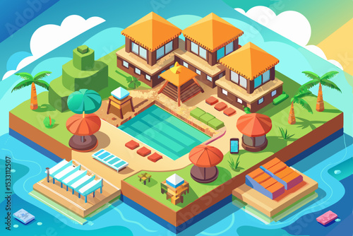 An isometric vector illustration set of urban architecture featuring residential buildings, houses, and city streets with trees