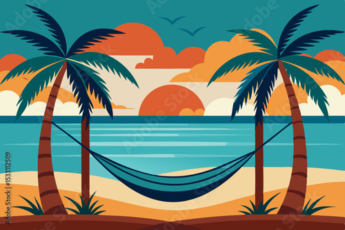 Tropical island paradise with palm trees on a sandy beach, bathed in the summer sun by the sea