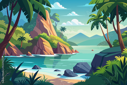 Tropical island beach with palm trees, sun, and clear ocean water