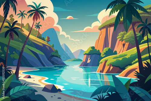 Tropical paradise island beach with palm trees and turquoise ocean