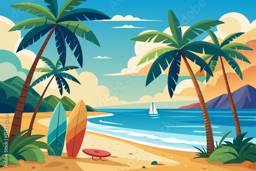 Tropical beach paradise: swaying palm trees, golden sand, and turquoise sea under a summer sky