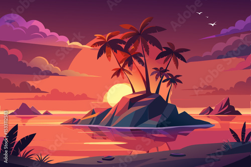 Tropical sunset beach landscape with palm trees and ocean