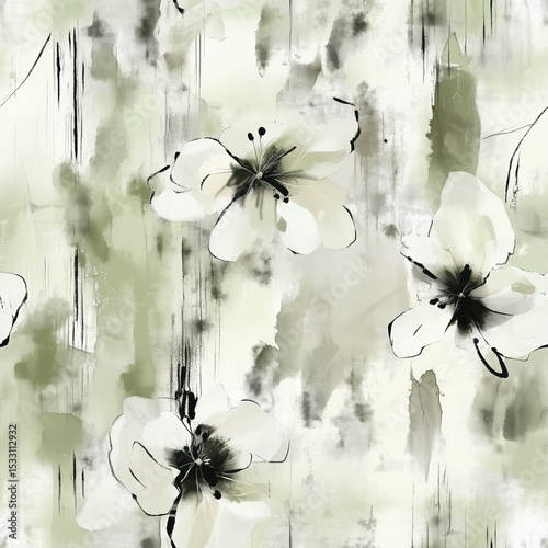 Abstract white flowers with black outlines and centers scattered on a background of distressed green and grey brushstrokes, creating a seamless and artistic floral pattern.