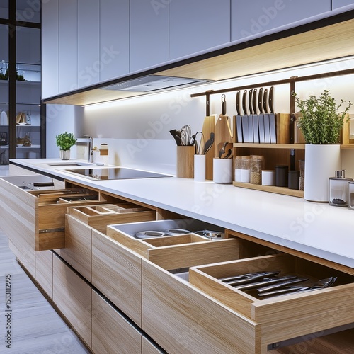 The interior of a modern kitchen includes an opened drawer that is equipped with storage