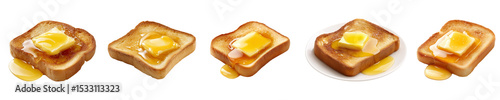 A pat of golden butter melting slowly on a hot piece of toast on isolated white or transparent background, set bread toast with butter and honey for breakfast