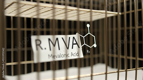 Mevalonic acid, MVA, R-mevalonic acid molecule. It is precursor in the mevalonate pathway, carboxylate anion is mevalonate. Sheet of paper in a cage