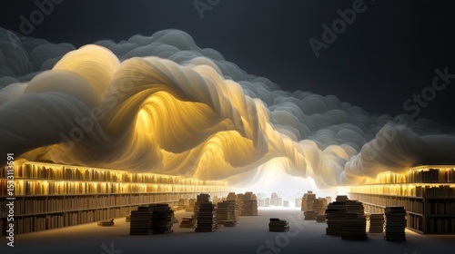 Whispers of a surreal library where books come alive amidst swirling fog and cinematic light