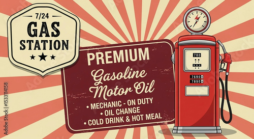 Retro poster design template for gas station. Retro poster design for gas pump. Gas station, motor oil and gasoline.