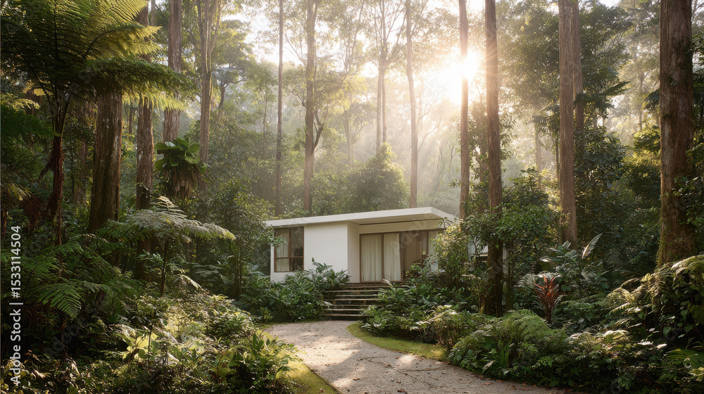 Fototapeta premium modern capsule house nestled in dense forest featuring unique architecture and striking element