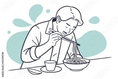 Man Eating Noodles Minimal Illustration