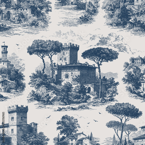 Seamless vector pattern with castles, hills, forests and plains. Traditional old European, Tuscany or Provencal, landscape scene. Vintage engraving style illustration.