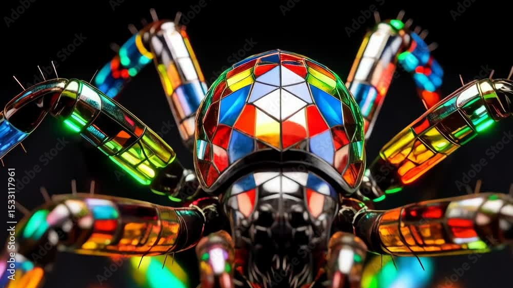 Surreal vibrant arthropod close-up with iridescent legs and geometrically patterned carapace on a dark background in a studio setting.