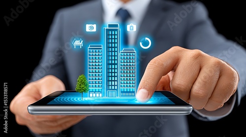 Business professional using a tablet to interact with a holographic display of buildings and icons