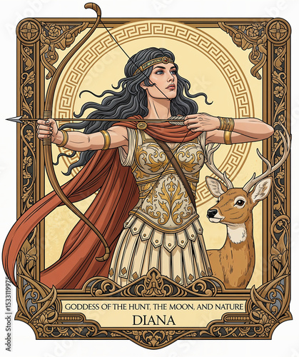 Illustration of Diana, the Roman goddess of the hunt, the moon, and nature, adorned with her bow and arrow