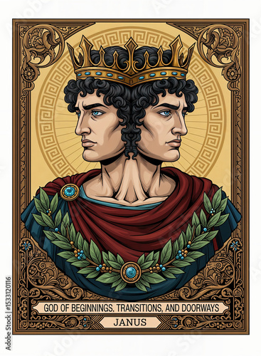 Janus, Roman god of beginnings, transitions, and doorways, depicted with two faces and a crown, mythological illustration