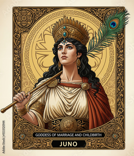 Juno, Roman Goddess of Marriage and Childbirth, in Classical Portrait with Decorative Frame and Peacock Symbol