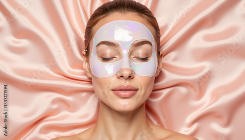 Young woman relaxing with facial mask on satin background   photo
