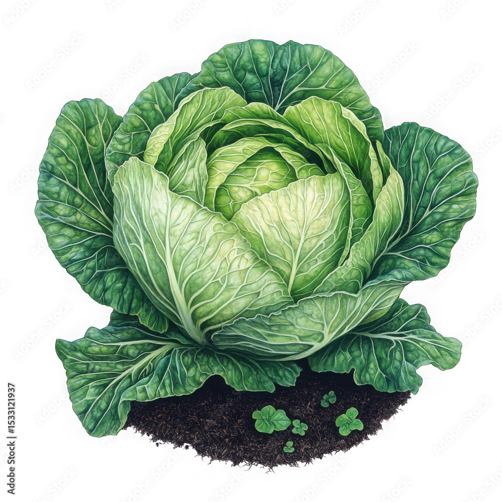Obraz premium Green cabbage with small plants in soil isolated on a transparent background