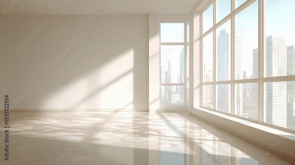 Fototapeta premium Bright Sunlit Office Space with Large Windows and Neutral Décor