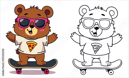 Vector fashion design for children t-shirt. 
Cute teddy bear on skateboard
with pink glasses and pizza, 
isolated, with contour. 
Cartoon print for fabric, clothing for boy and girl.
