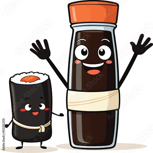 Cute Cartoon Sushi Roll With A Soy Sauce Bottle Character Cheerful Food Illustration For Restaurant Menu Asian Cuisine Theme And Fun Culinary Designs