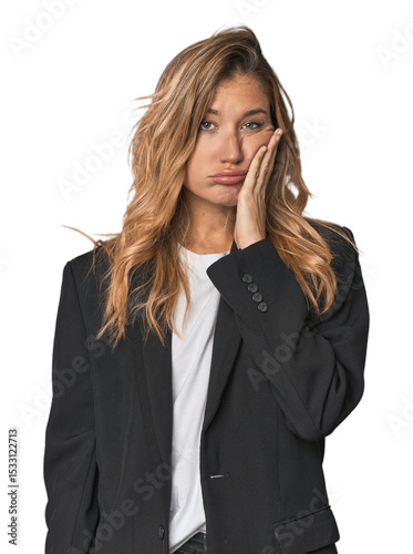 Young businesswoman in a suit who is bored, fatigued and need a relax day.