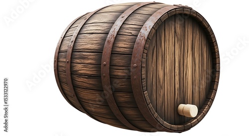 A rustic wooden barrel with rusty metal bands is isolated on white background photo