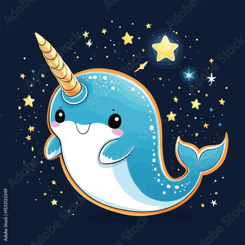 Cartoon Narwhal In Starry Sky Whimsical Vector Illustration For Childrens Books Nursery Art And Fantasy Themed Design Projects Featuring A Cute Sea Creature With A Golden Horn