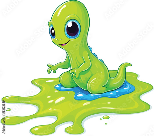 Playful Green Alien Creature In Slime Cartoon Vector Illustration For Childrens Books Educational Material And Graphic Design Projects Featuring A Cute Slimy Friendly Character