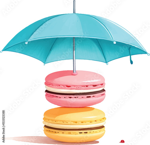 Colorful Stack Of Macarons Under A Turquoise Umbrella Delightful Vector Illustration For Food Bloggers Dessert Lovers And Cute Graphic Design Projects