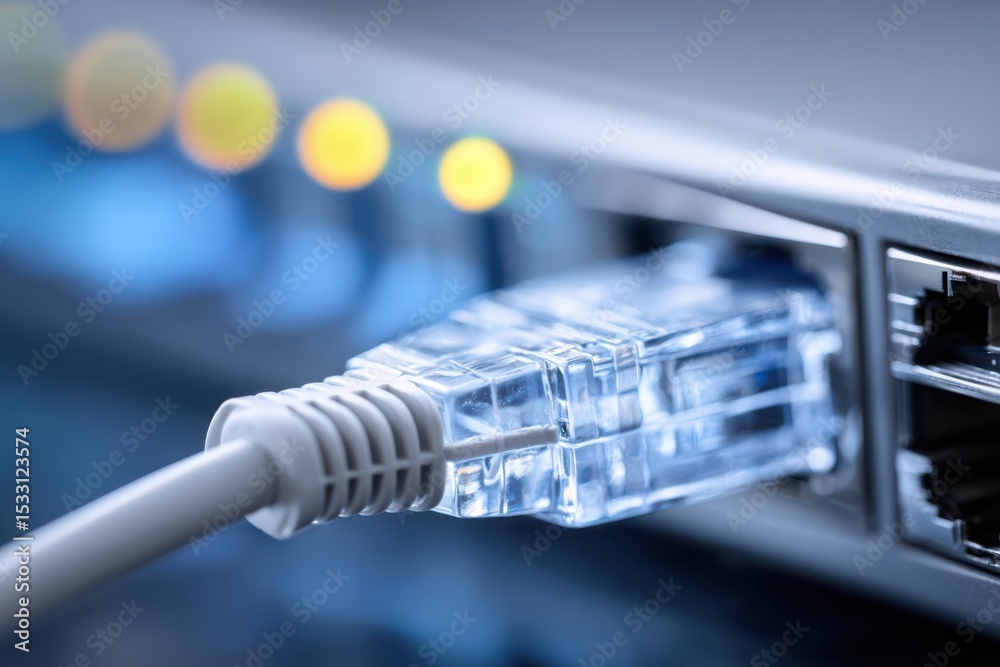 Close-up view of Ethernet cable connected to computer port showcasing modern technology in action Close-up view of Ethernet cable connected to computer port showcasing modern technology in action