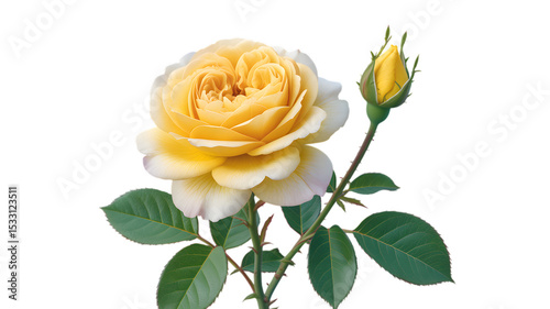 Close up of a yellow rose in full bloom with a bud and green leaves isolated on black background