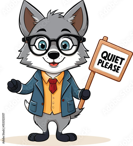 Cartoon Wolf Character Illustration Adorable Animal Asking For Silence Educational Mascot For Childrens Books And Posters Cute Vector Graphic With Quiet Please Sign