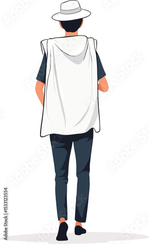 Stylish Man In Hat And Cape Walking Away Vector Illustration For Fashion Design Creative Projects And Modern Lifestyle Offering A Unique Perspective On Individual Style And Expression