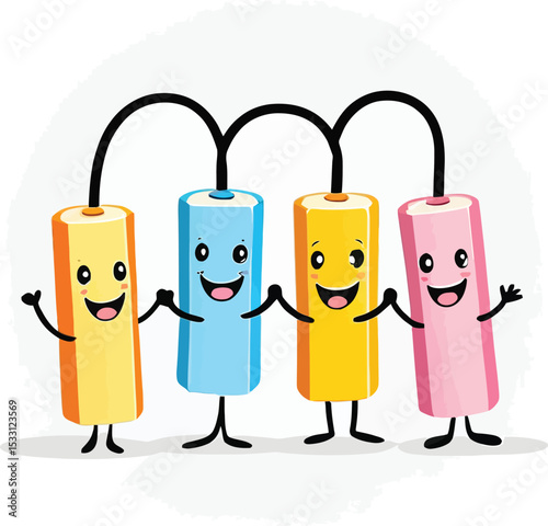 Cheerful Cartoon Batteries Holding Hands Vibrant Vector Graphic For Childrens Books Educational Materials And Collaborative Concepts With Happy Friendly Characters