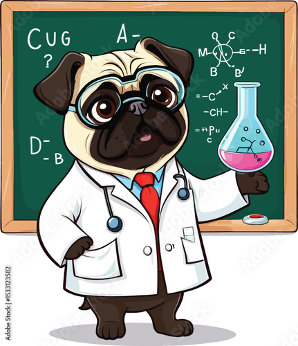 Cartoon Pug Dog Professor Teaching Science Funny Vector Character Illustration For Educational Materials Animal Lovers And Whimsical Design Projects