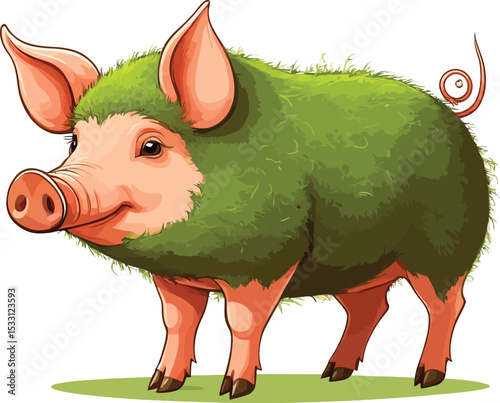 Whimsical Green Pig Vector Illustration Cartoon Animal Artwork For Childrens Books Farm Themed Designs And Creative Projects Depicting A Unique And Playful Concept With A Textured Grass Like
