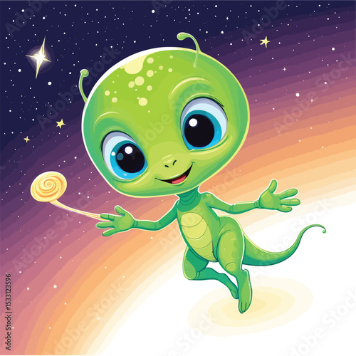 Adorable Cartoon Alien Exploring Space Cheerful Extraterrestrial Character Illustration For Childrens Books Sci Fi Graphics And Educational Materials