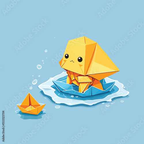 Adorable Origami Animal In A Paper Boat Cute Vector Illustration For Childrens Designs And Educational Materials Featuring A Stylized Paper Sculpture On A Light Blue Background