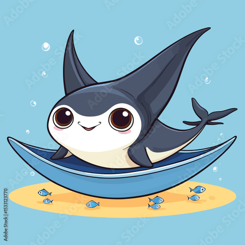 Charming Cartoon Manta Ray Floating On A Leaf Surrounded By Fish In A Light Blue Sea Adorable Vector Illustration For Childrens Books And Educational Materials