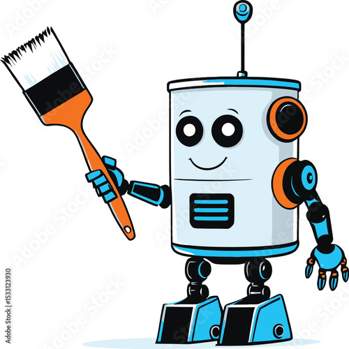 Cute Robot Painter Cheerful Cartoon Character With Brush For Creative Projects Childrens Illustrations And Design Elements Diy And Artistic Applications
